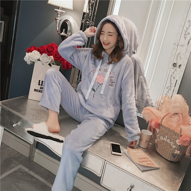 【檀芬妮】（280克法兰绒）MLXL冬季珊瑚绒睡衣女法兰绒套装_4_5 M 灰蓝色
