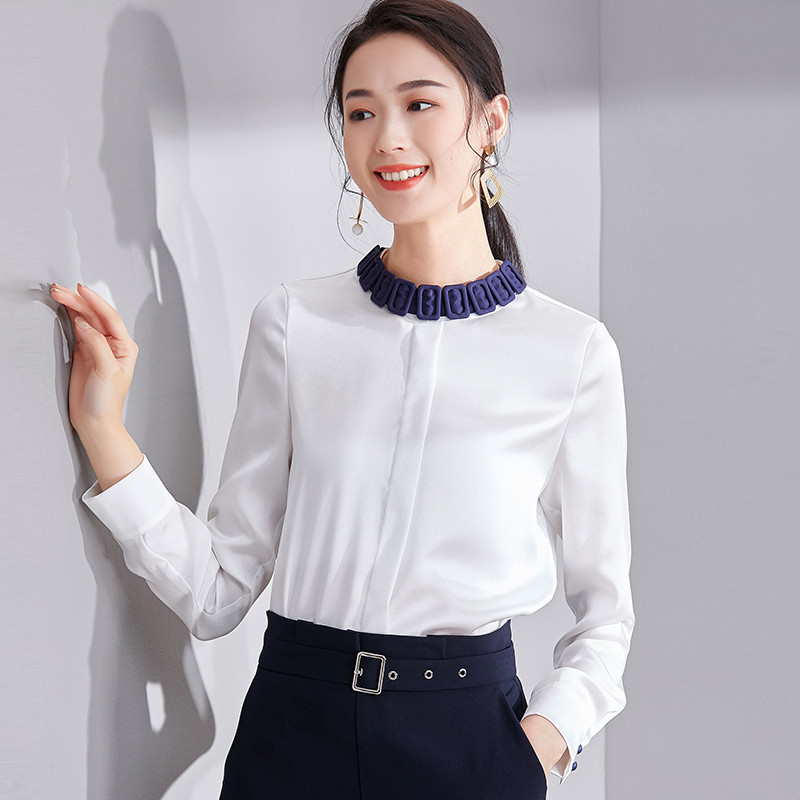 欧昵雪春秋季新款OL气质日字扣套头衬衫女时尚小衫白色长袖上衣q XL 白色