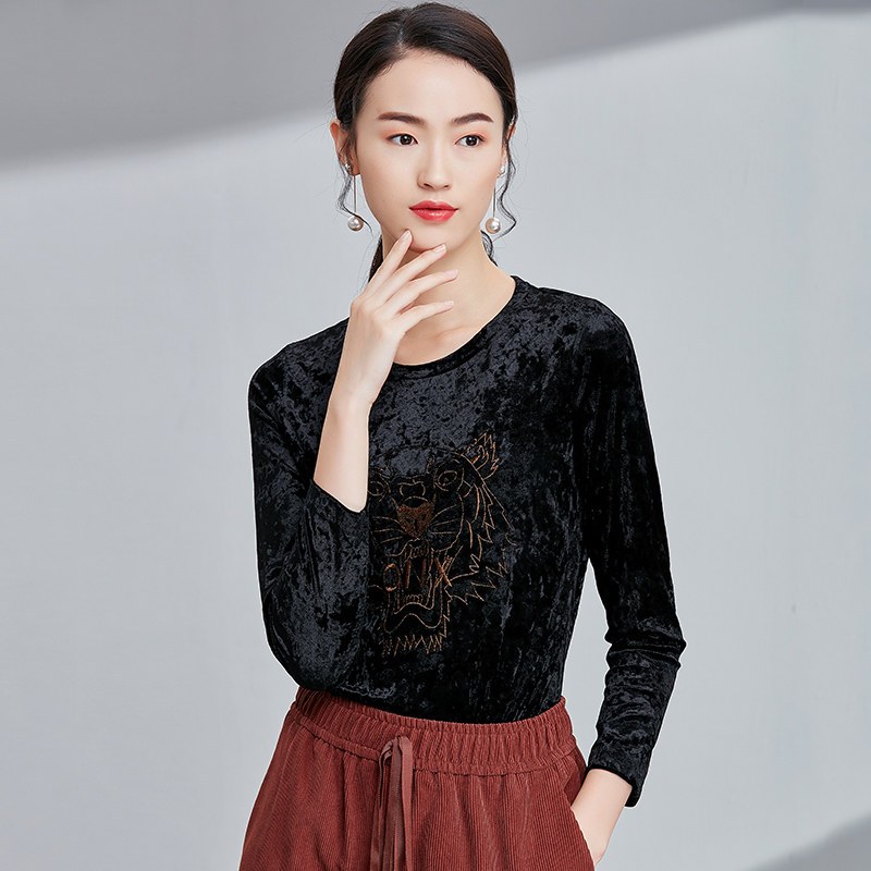 欧昵雪春秋季新款绣花丝绒圆领套头T恤女长袖打底衫q L 黑色