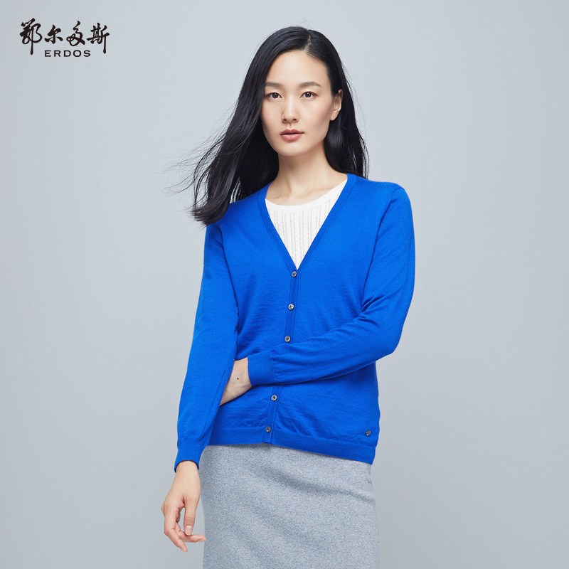鄂尔多斯秋冬精纺轻薄纯色基础款V领女羊绒针织开衫Q277A1003 90 孔雀蓝