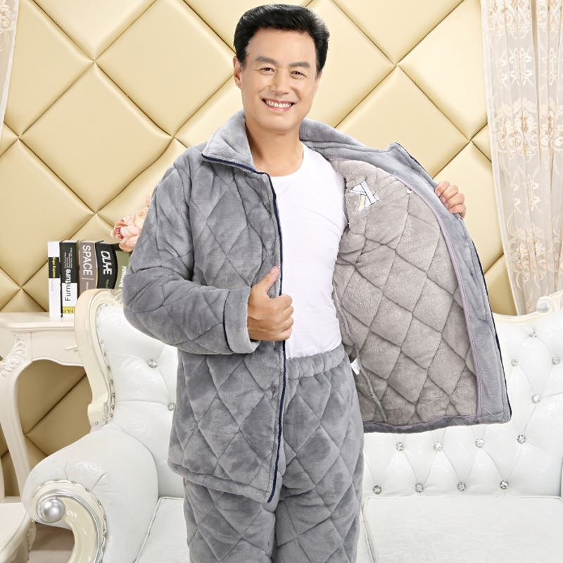 爱心鼠(Aixinshu) 冬季开衫长袖法兰绒夹棉三层加厚男士睡衣冬天中老年人男式爸爸休闲居家服套装7711 XL码 8号款