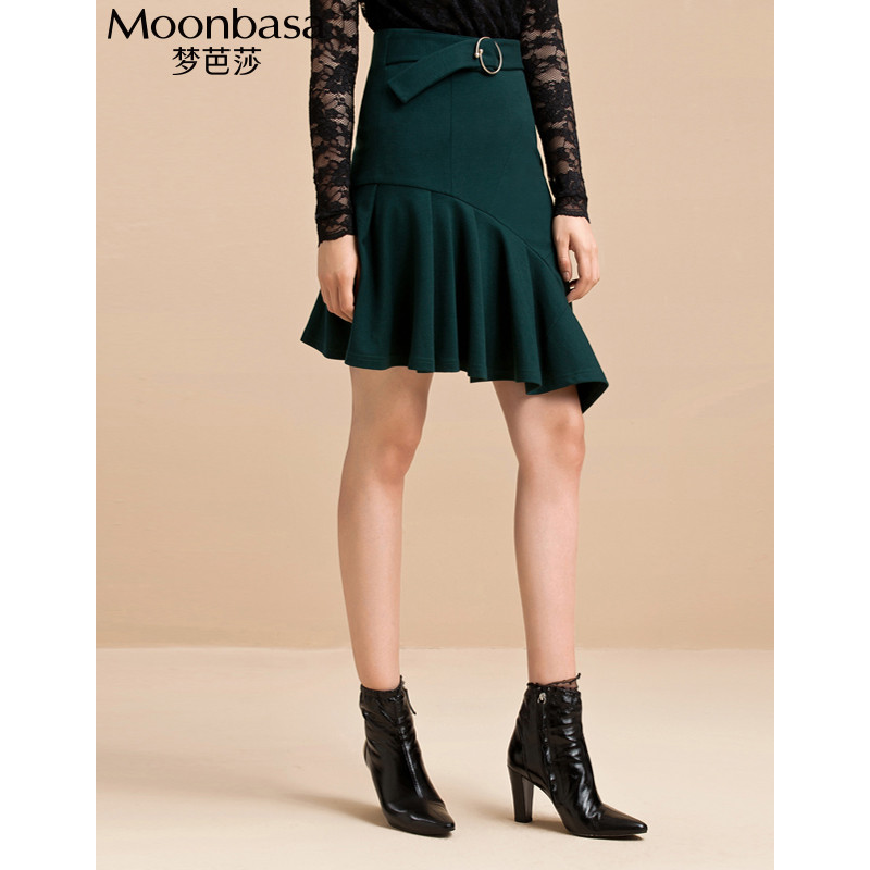 Moonbasa/梦芭莎 时尚百搭不规则剪裁荷叶摆半裙 S 绿色