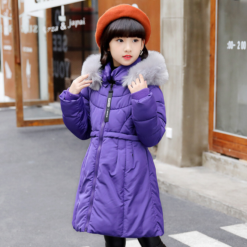 公主甜美冬装女童中长款收腰连帽外套纯色保暖儿童毛领棉服气质街头百搭棉衣 适合130cm身高穿 紫色