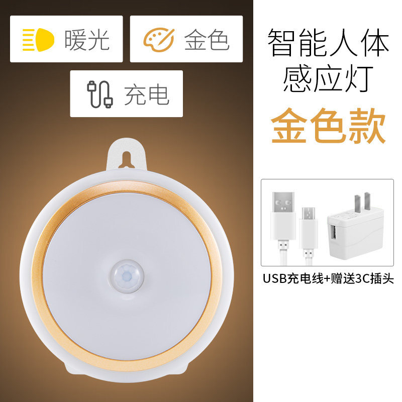 光控人体感应LED小夜灯泡过道楼道走廊声控家用厕所无线可充电池 金色暖光【充电】+充电头