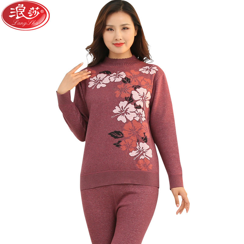 浪莎langsha女士保暖内衣女式 秋冬季中老年加绒加厚提花中领修身加厚秋衣秋裤套装 XL/170 中老年套装4752//浅灰