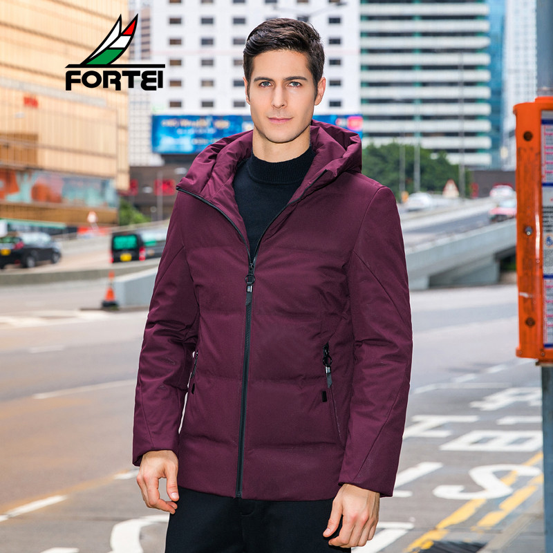 FORTEI富铤 羽绒服男装短款连帽中青年2018冬装新款潮流帅气男士厚外套男 枣红色 M