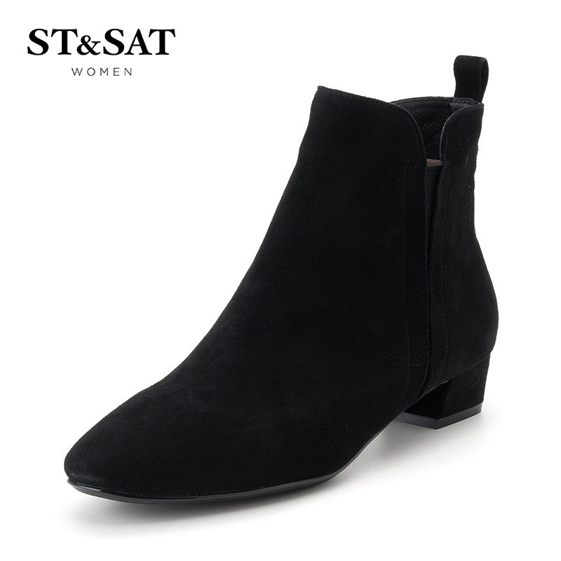 星期六(ST&SAT)18年新品专柜同款羊反绒圆头中跟粗跟时尚短靴女SS84116104 黑色 37码