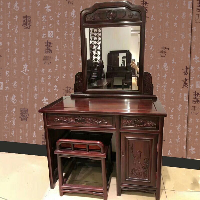 红木梳妆台卧室实木中式小户型简约多功能化妆台柜南美酸枝梳妆桌 组装_梳妆台+凳子
