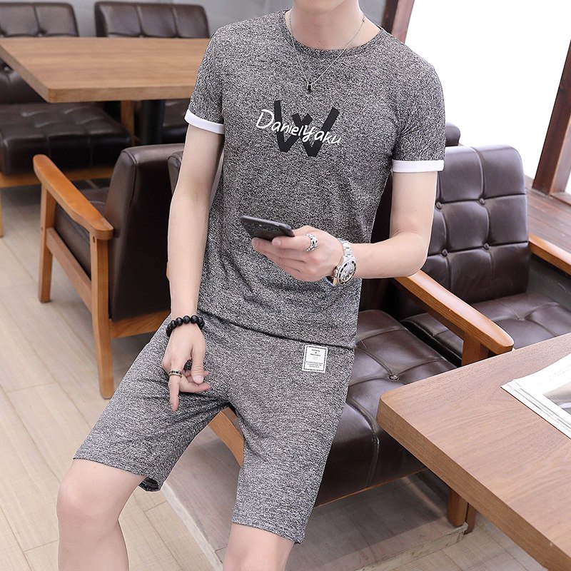 夏季短袖套装男韩版潮流冰丝T恤男短裤运动休闲两件套男2018新款_6 M TZ-W黑灰色