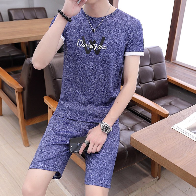 夏季短袖套装男韩版潮流冰丝T恤男短裤运动休闲两件套男2018新款_6 3XL TZ-W藏青色
