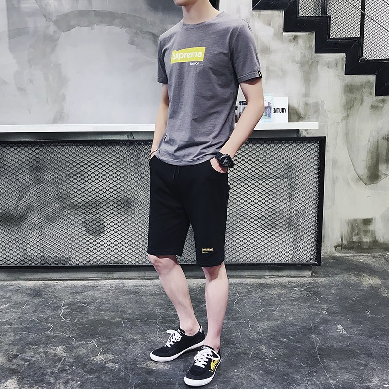 男士运动套装夏季跑步健身运动衣服装宽松休闲短袖T恤短裤两件套_3 4XL 933深灰
