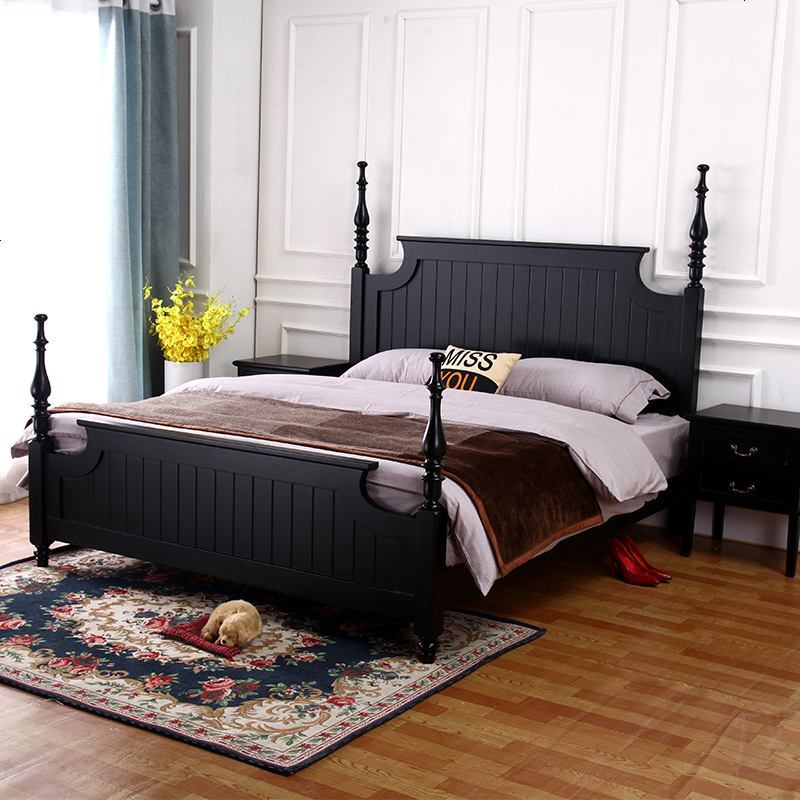 美式实木床简约现代双人床1.5米欧式轻奢公主床主卧家具婚床1.8米 1800mm*2000mm_黑色C款加床头柜*2_框架结构