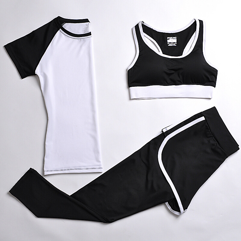 夏季运动套装女瑜伽服运动三件套跑步健身服速干运动短裤背心_1_1 XL 白T+白边wx+竖白长裤三件套