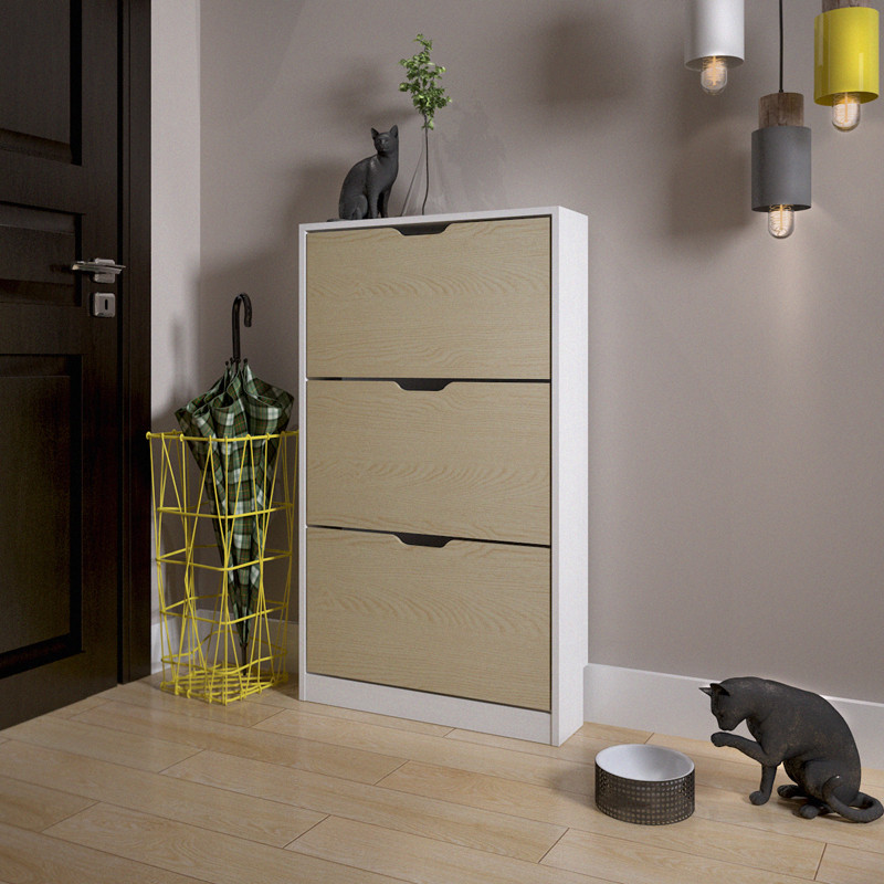 慧乐家 鞋柜鞋架 17cm超薄大容量玄关门厅带门储物三门翻斗鞋柜 60cm宽 白色+白枫木色 11343