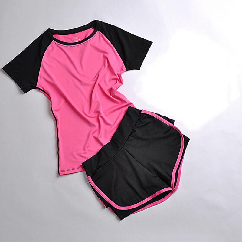 户外夏季运动套装女瑜伽服运动三件套跑步健身服速干运动短裤防震背心_6 S 玫T+竖玫短裤两件套