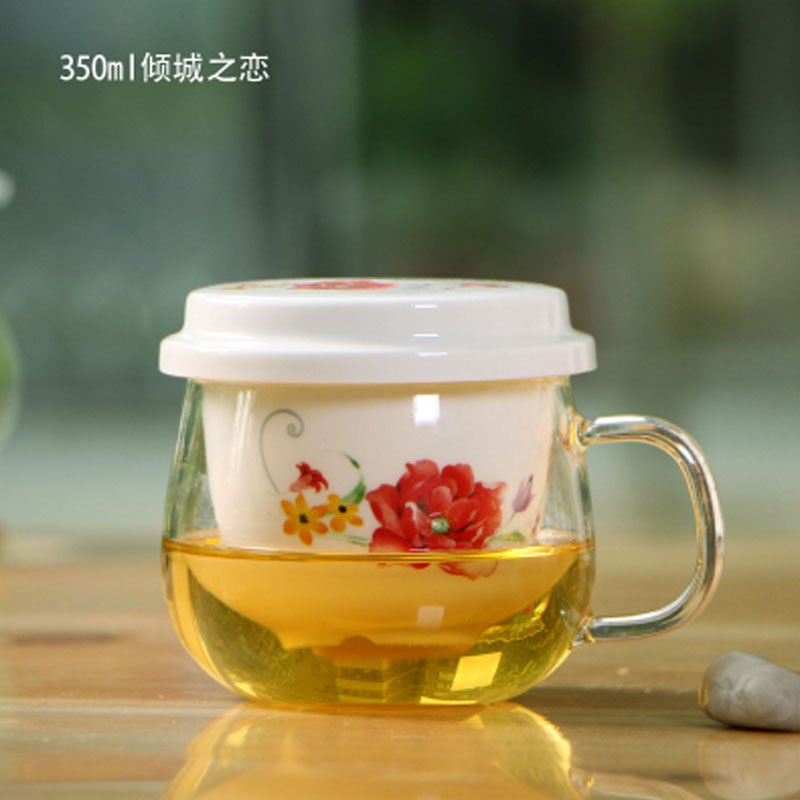 哲飞家居玻璃杯子带盖茶水分离杯加厚陶瓷过滤泡茶杯子办公室花茶杯通用简约家居器皿水具水 350ml倾城之恋