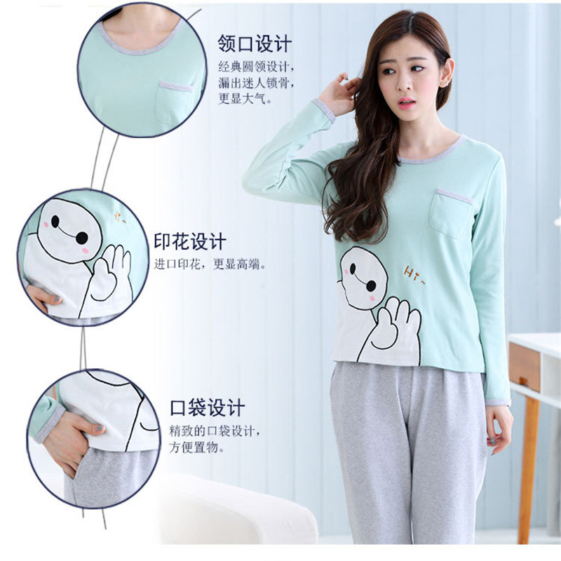 女士睡衣女长袖纯棉春秋全棉家居服套装薄款休闲大码 XXXL 大白