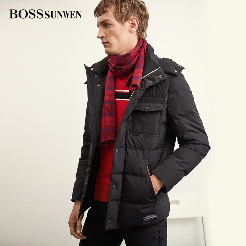 BOSSSUNWEN羽绒服2018冬季新款青年男士短款羽绒服男外套潮流反季 46 黑色