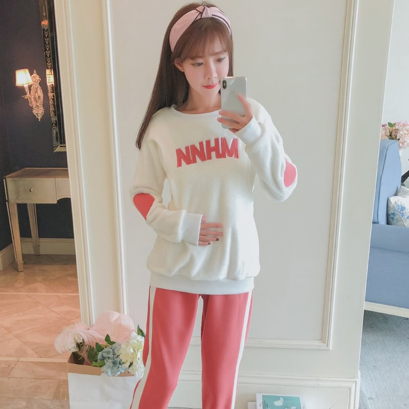 爱心鼠(Aixinshu) 2018法兰绒长袖保暖月子服睡衣秋冬季绒质女士休闲坐月子哺乳喂奶衣孕妇装6875 3XL码 1号款