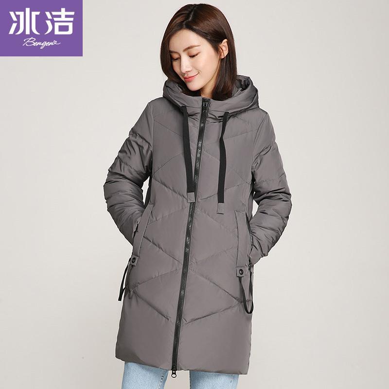 冰洁(BENGEN)冬季中长款纯色羽绒服连帽常规款冬季羽绒服女士_1 155/XS 80551梦幻灰