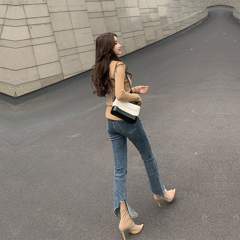 BETTER BING冰冰来了18冬季新款ins网红款不规则喇叭裤脚修身高腰百搭女士牛仔裤 S 牛仔色