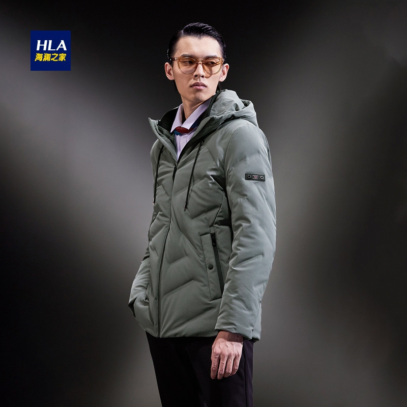 HLA海澜之家纯色连帽款羽绒服2018冬季基础保暖羽绒外套男 中绿N3 165/84A/S