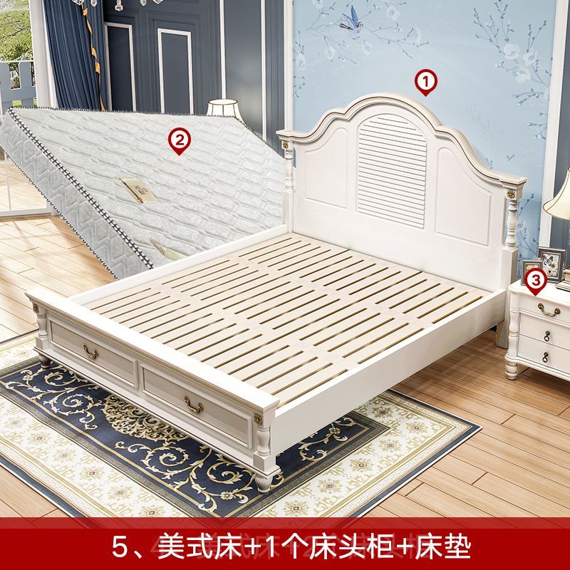 美式床实木床1.8米现代简约婚床轻奢白色主卧家具套装组合双人床 1800mm*2000mm_美式床+床垫+1个床头柜_实木