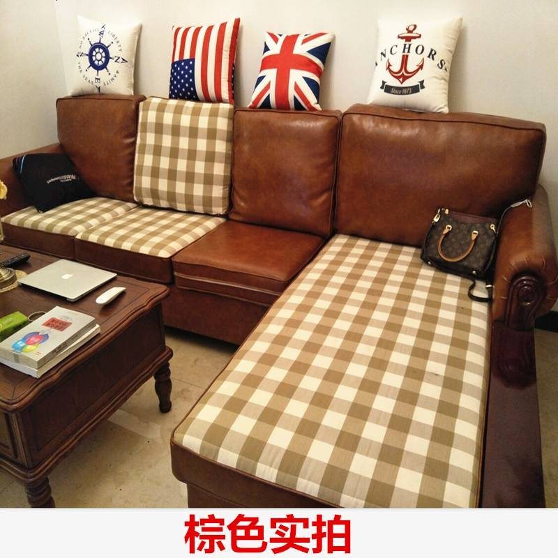 美式乡村布艺沙发简美地中海风格皮布转角实木小户型组合客厅家具_99_63 四位+坐右手贵妃（3.6米）_棕色