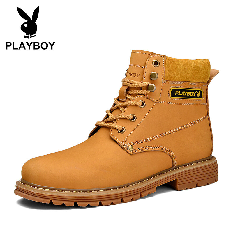 花花公子（PLAYBOY）英伦高帮马丁靴子男保暖工装鞋防滑舒适DA77257 黄棕 44