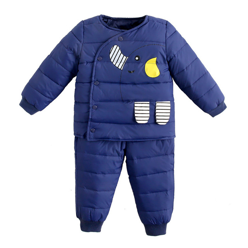 【上衣+裤子可开档】2018新款羽绒服加厚套装男女童宝宝保暖服大象套装 90码建议身高70-80 藏青色套装