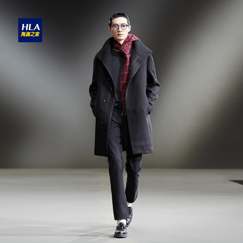 HLA海澜之家纯色翻领针织大衣2018冬季长款毛呢大衣外套男 180/96A/XL 黑色75