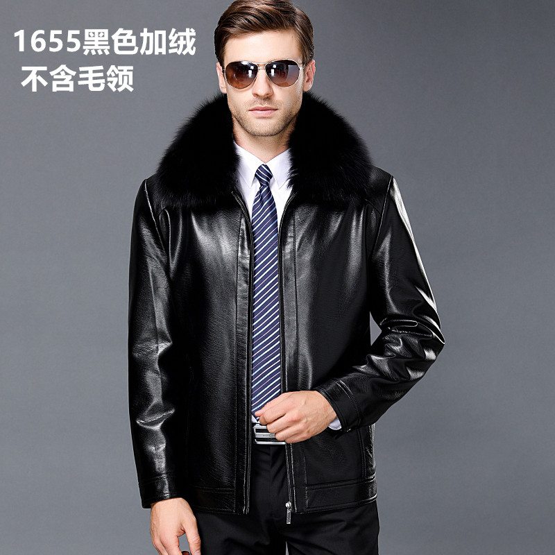 海宁真皮皮衣男山羊皮正品新款翻领皮夹克修身商务休闲头层绵羊皮秋季新款西装款真皮皮衣修身西服外套皮夹克薄 1655翻领黑色加绒 185/XXL