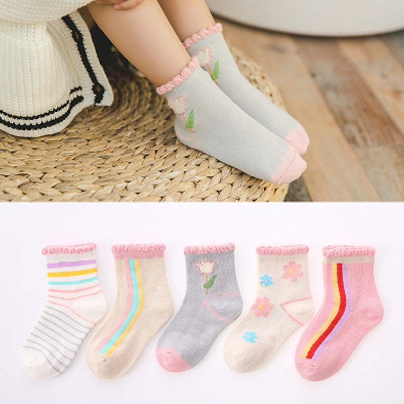 儿童袜子秋冬季加厚男女童宝宝春秋袜中筒袜1-3-5-7-9-12岁通用婴童袜子 6-8岁（适合脚长17-19CM） 花苞小花款5双装