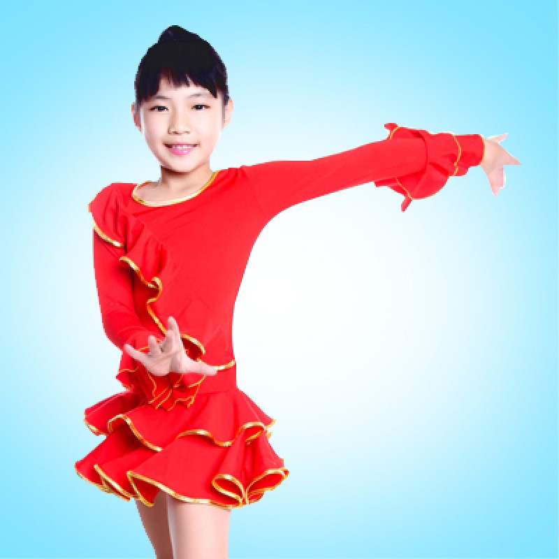 幼儿童舞蹈服装女童长袖练功服少儿拉丁舞裙跳舞衣演出服春秋新款_1 XL 童8039大红+金边