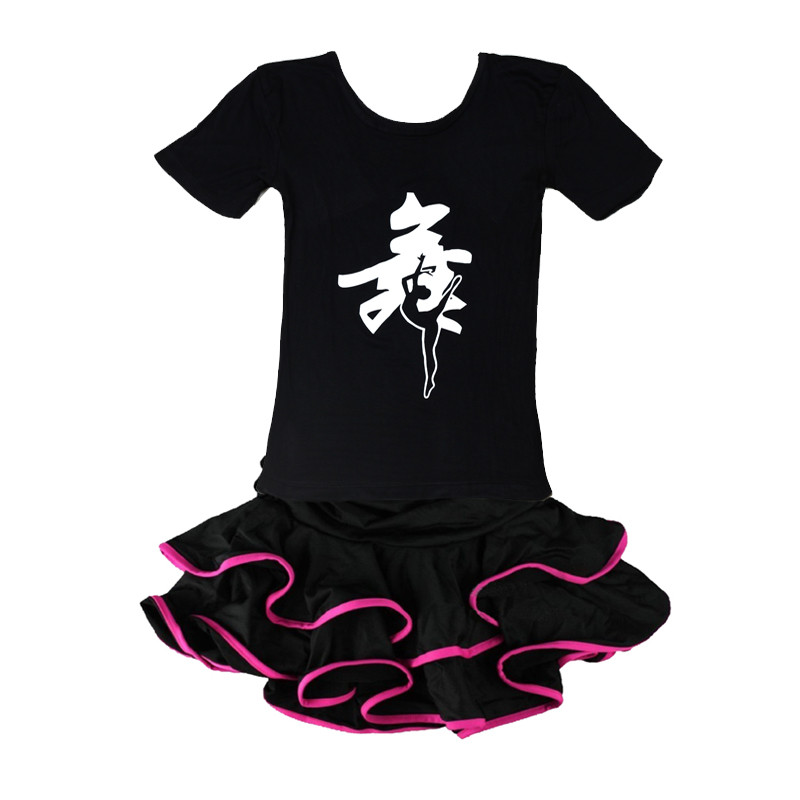 儿童舞蹈服装女童练功服少儿拉丁舞服装幼儿短袖演出服夏季套装_1_8 170cm A2黑色+6078黑裙桃红边