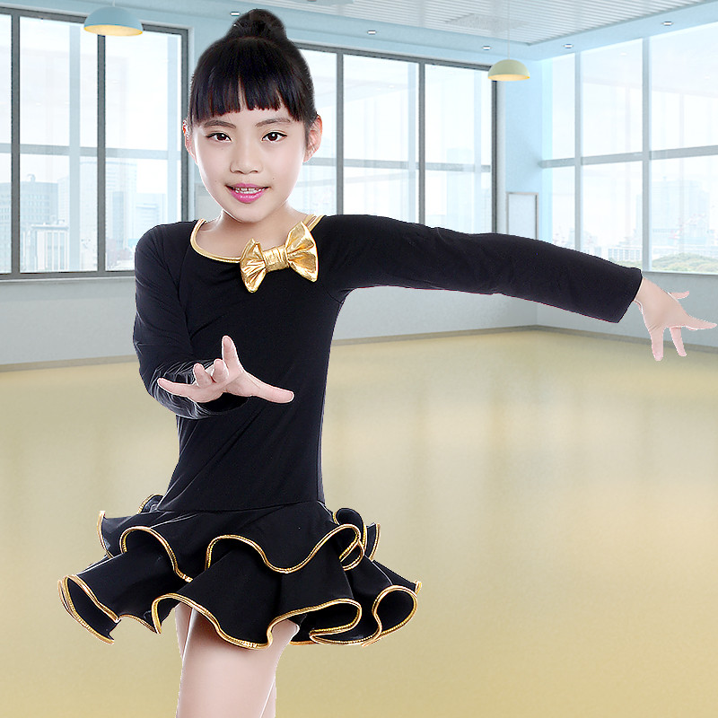 春秋拉丁舞服装女童舞蹈服儿童长袖练功服演出服新款舞蹈裙表演服 160码建议身高145-155 8033黑+金边