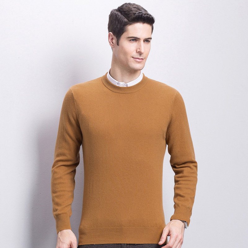 YS恒源祥羊绒衫男圆领秋冬新款纯山羊绒保暖针织衫套头毛衣爸爸装_9 180/96A YAR143500姜黄夹花