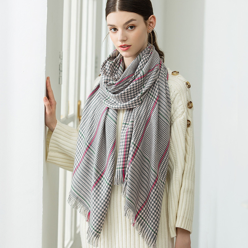 宏达HONDAR 2018秋冬新品（礼品礼袋）女款经典千鸟格撞彩色散穗羊毛围巾披肩大围巾 WJ765 1#
