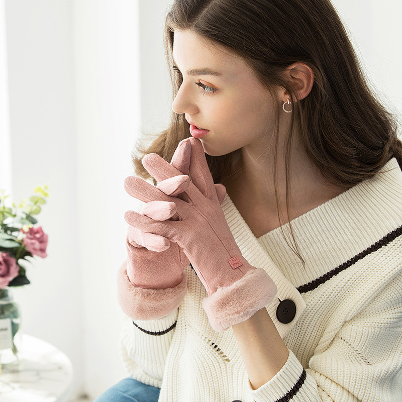 宏达HONDAR 2018秋冬新品女款韩式柔软毛绒腕口加绒防寒皮绒保暖手套 ST847 粉色