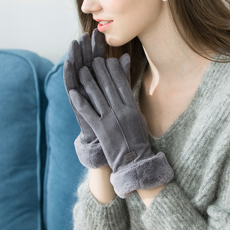 宏达HONDAR 2018秋冬新品女款韩式柔软毛绒腕口加绒防寒皮绒保暖手套 ST847 灰色