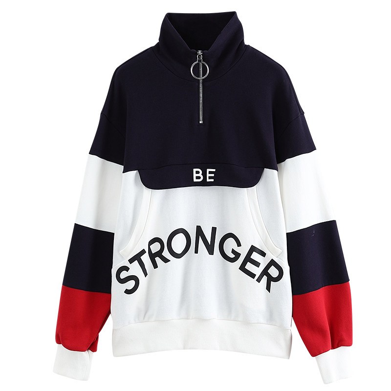 初语男女同款拼接卫衣女2018秋装新款立领拉链宽松字母印花上衣_1 L 深藏蓝