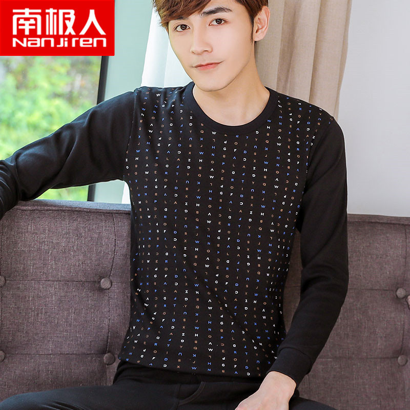 NanJiren南极人青少年男初高中生全纯棉 圆领印花薄款棉毛衫秋衣秋裤套装 黑色/字母 L/170
