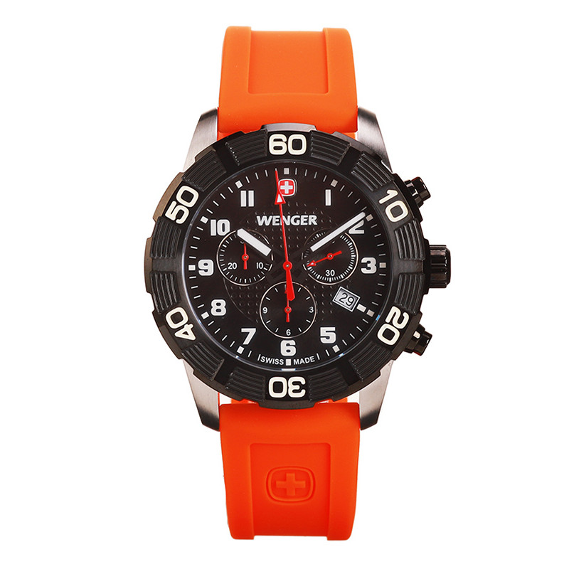 威戈Wenger男士手表硅胶表带时尚潮流简约休闲运动防水石英手表男 01.0853.103 橙色