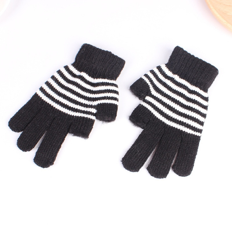 半指手套男女士保暖毛线漏二指学生写字工作骑行车露手指头秋冬季_2 典雅黑小学生款