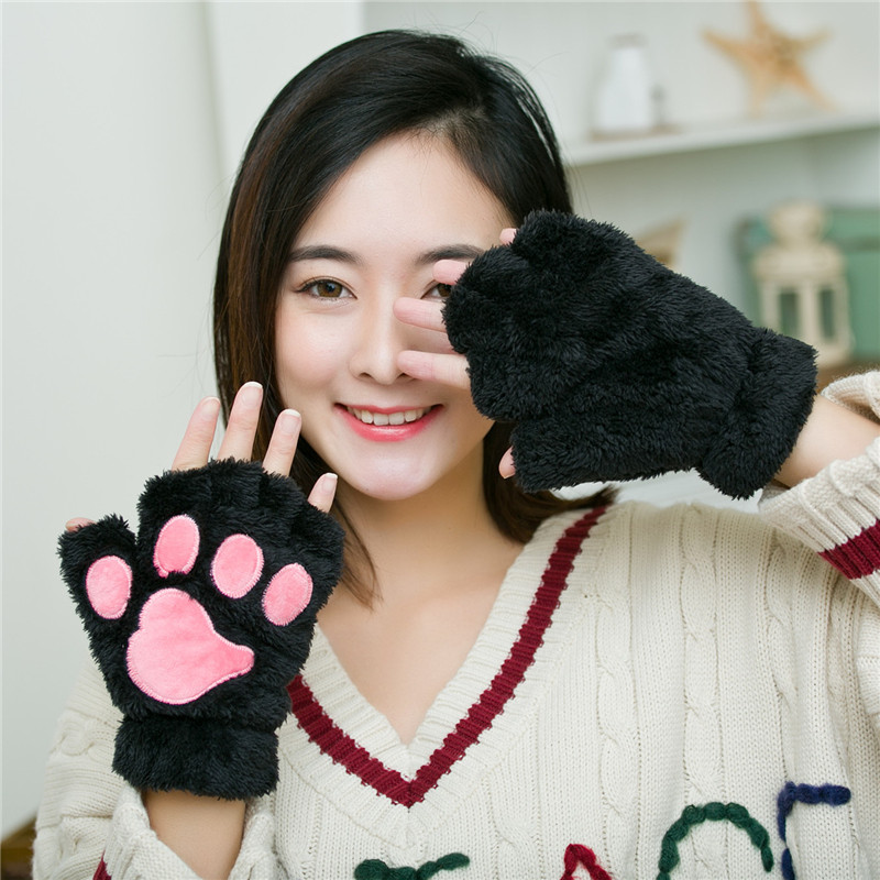 2018新熊掌暴爪手套秋冬女可爱卡通绣花猫爪半指加绒手套加厚保暖_2 c041半指黑