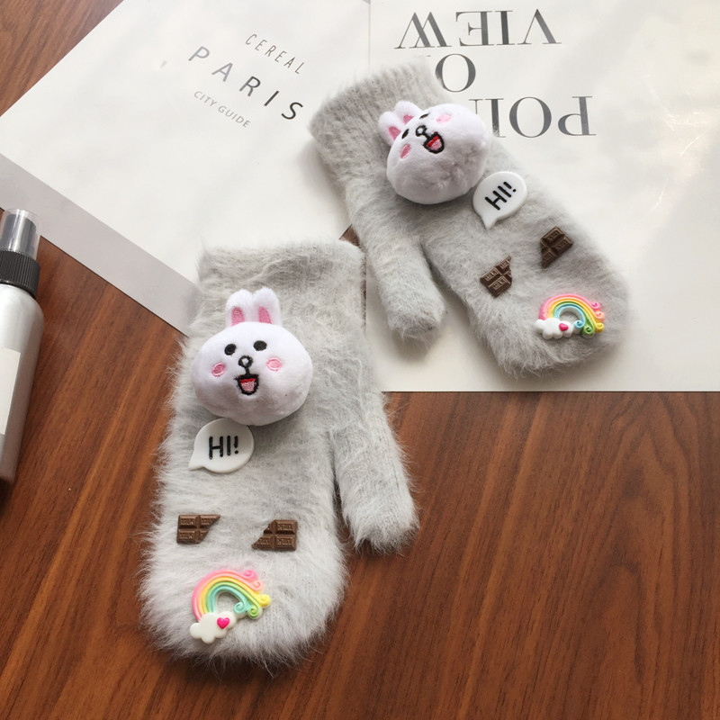 兔毛手套女冬季保暖加厚加绒学生韩版时尚骑车连指卡通可爱叮当猫_15 -【兔毛款】浅灰可妮兔-