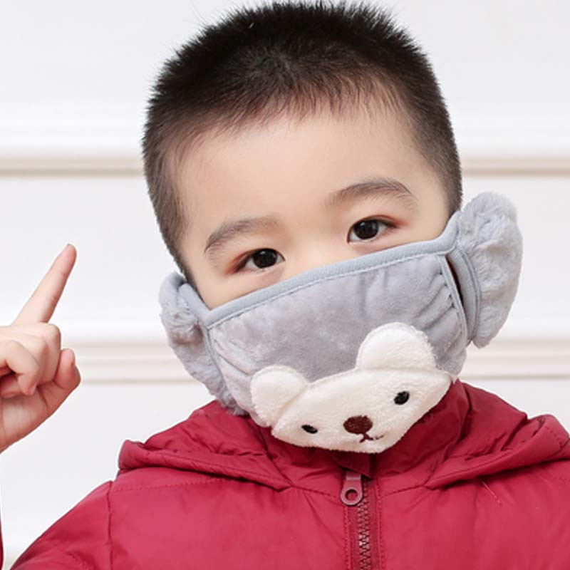 儿童口罩女韩版卡通可爱二合一护耳罩保暖秋冬季骑行通用简约小清新婴童口罩 见颜色字 灰色儿童熊熊款