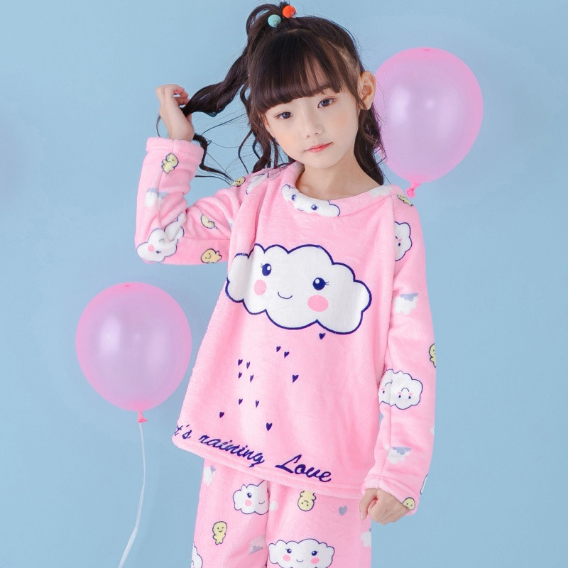 [促销]秋冬季儿童睡衣加厚女孩法兰绒童装珊瑚绒家居服小孩睡衣男女童_1 10#建议身高105-115厘米 萌绒套装#白云
