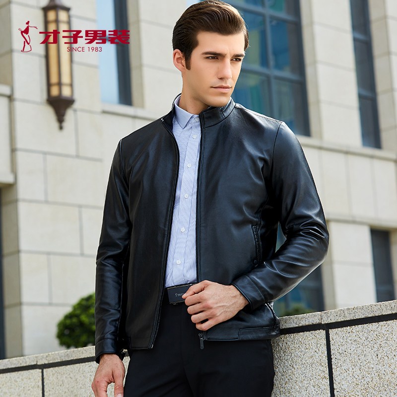 才子男装夹克2018新款男士商务修身韩版时尚潮流PU皮立领夹克外套 3XL 黑色