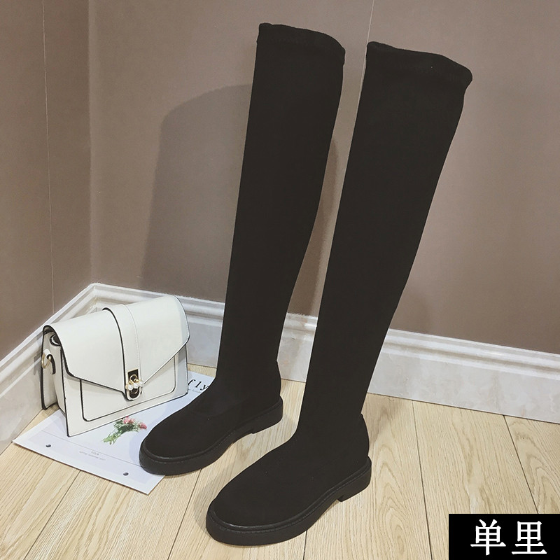 过膝靴女秋冬2018新款韩版高筒瘦瘦靴平底长筒靴子女chic马丁靴女_5 单里高筒黑 35